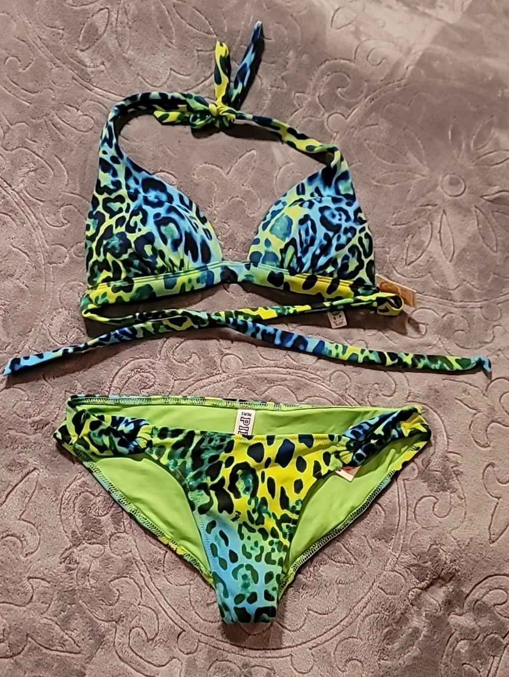 Vintage 2012 PINK Victoria's Secret Neon Leopard Halter Bikini - Blue & Lime